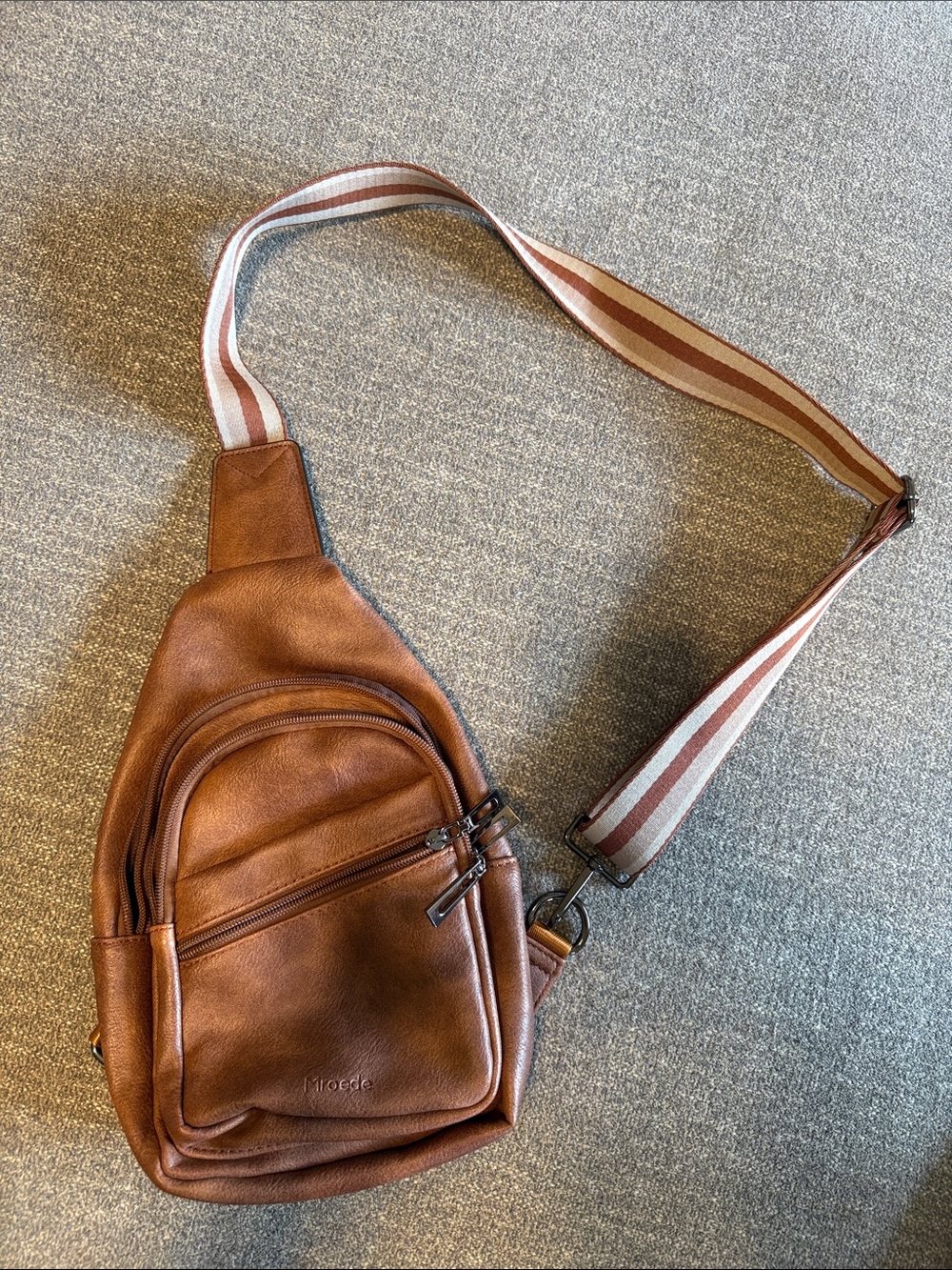 Men's Tan Leather Sling Bag with Striped Adjustable Strap